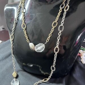 Elegant Two-Tone Chain layered Necklace with Crystal and braided Accents
